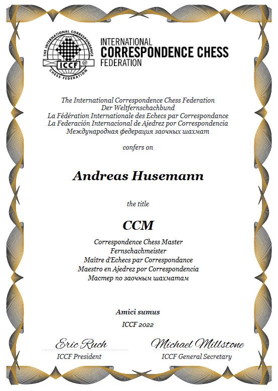 ICCF-Urkunde Correspondence Chess Master (CCM)
